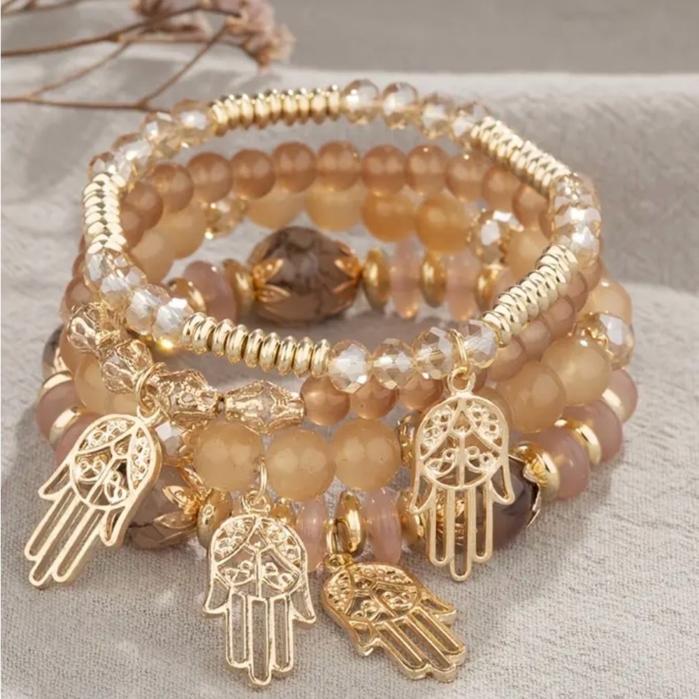 💥4pcs/set Creative Fashion Boho Golden Hamsa Palm Pendant Beads Bracelet